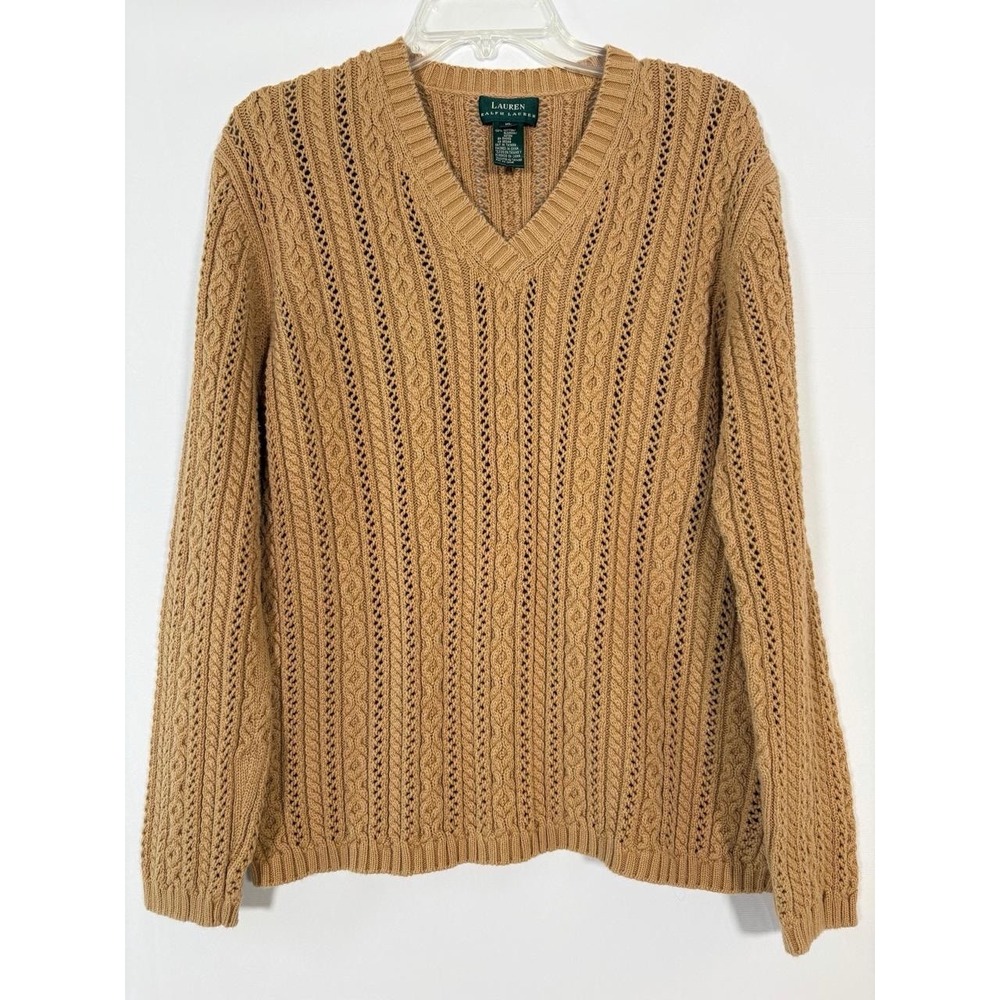 VTG Lauren Ralph Lauren Cable Knit Sweater Women's XL Brown Cotton Preppy